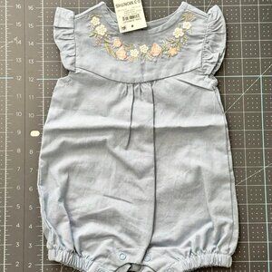 Baby Girls Blue Cotton Chambray Flower Sunsuit 0-3 Months